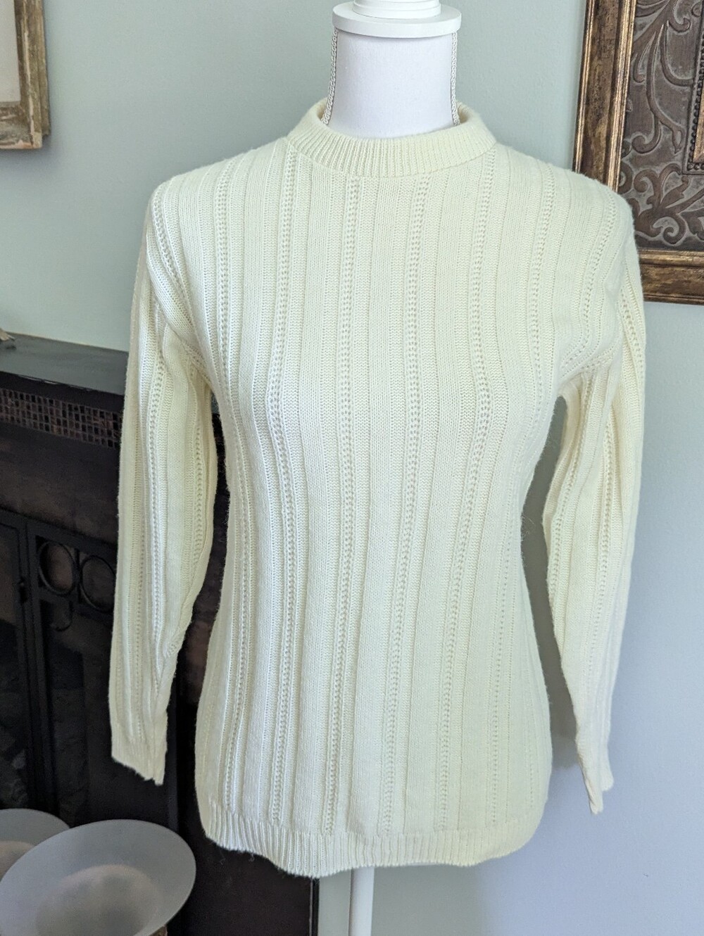 60s/70s Vtg Sears Sweater Women's Small Zip Back Mixed Ribbed Stitch Ivory